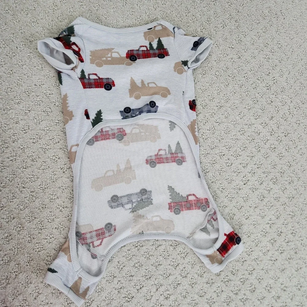 Holiday Pet Pajamas Christmas Truck Print Gray Red Buffalo Plaid Knit size small